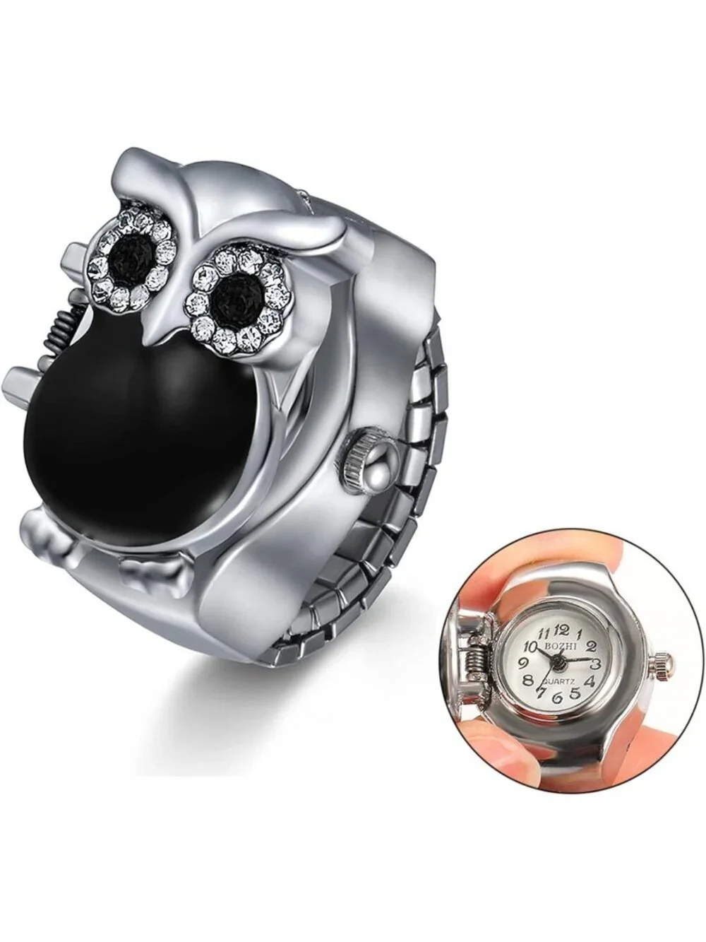 Unisex Black Analog Quartz Stylish Owl Flip-Open Cover Adjustable Ring Watch